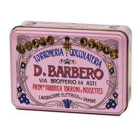 Scrigno regalo rosa in metallo con torroni bianchi friabili 100gr Barbero