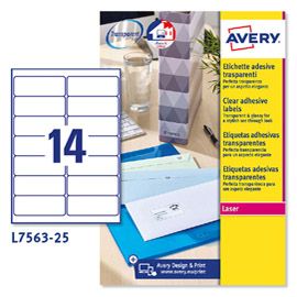 Poliestere adesivo L7563 trasparente 25fg A4 99,1x38,1mm (14et/fg laser Avery
