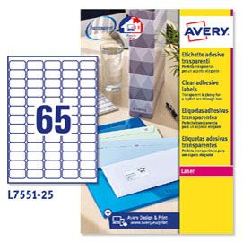Poliestere adesivo L7551 trasparente 25fg A4 38,1X21,2mm (65et/fg laser Avery