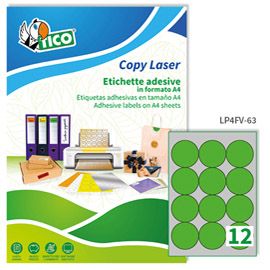 Etichetta adesiva LP4F verde fluo 70fg A4 tonda D63,5mm (12et/fg Tico
