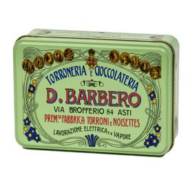 Scrigno regalo verde in metallo con torroni ricoperti friabili 100gr Barbero