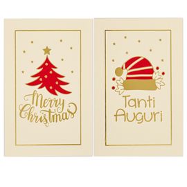Biglietto Natale doppio 9x14cm cartoncino bianco fantasie assortite Sadoch