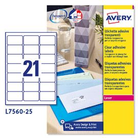 Poliestere adesivo L7560 trasparente 25fg A4 63,5x38,1mm (21et/fg laser Avery