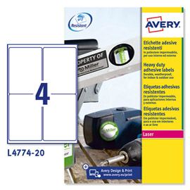 Poliestere adesivo L4774 bianco 20fg A4 99,1x139mm (4et/fg laser Avery