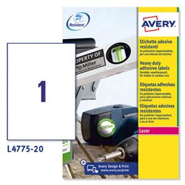 Poliestere adesivo L4775 bianco 20fg A4 210x297mm (1et/fg laser Avery