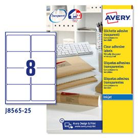 Poliestere adesivo J8565 trasparente 25fg A4 99,1x67,7mm (8et/fg inkjet Avery