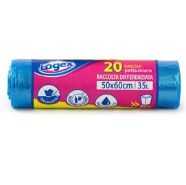 20 Sacchetti immondizia 50x60cm 35Lt 9mic Azzurro trasp. Logex